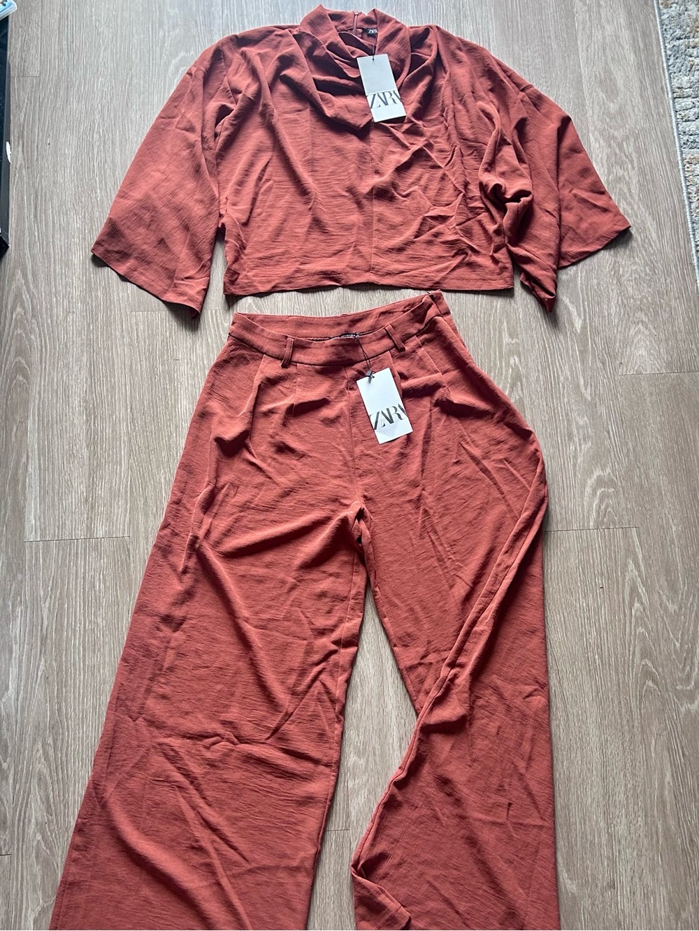 NWT Zara Rust Co-Ord Set Cowl Neck Top & Pleated Pants Small